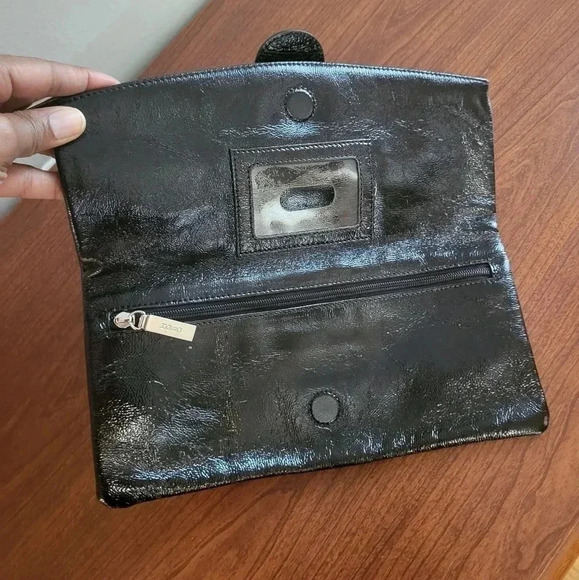 HOBO International Fold-over Black Patent Leather Clutch Silver Buckle Accent - Picture 6 of 10